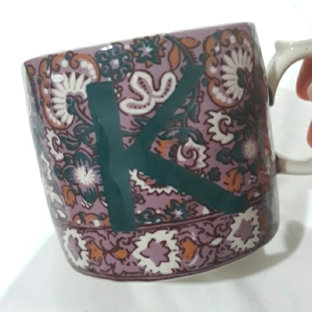 Anthropologie Coffee Cup Mug with Inicial K Floral on Purple Multicolor